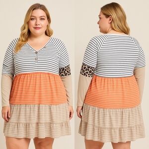 Women’s XL Colorblock Striped & Leopard Patchwork Long Sleeve Dress